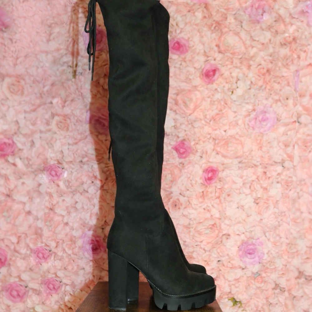 High heeled platform over the knee boots - black